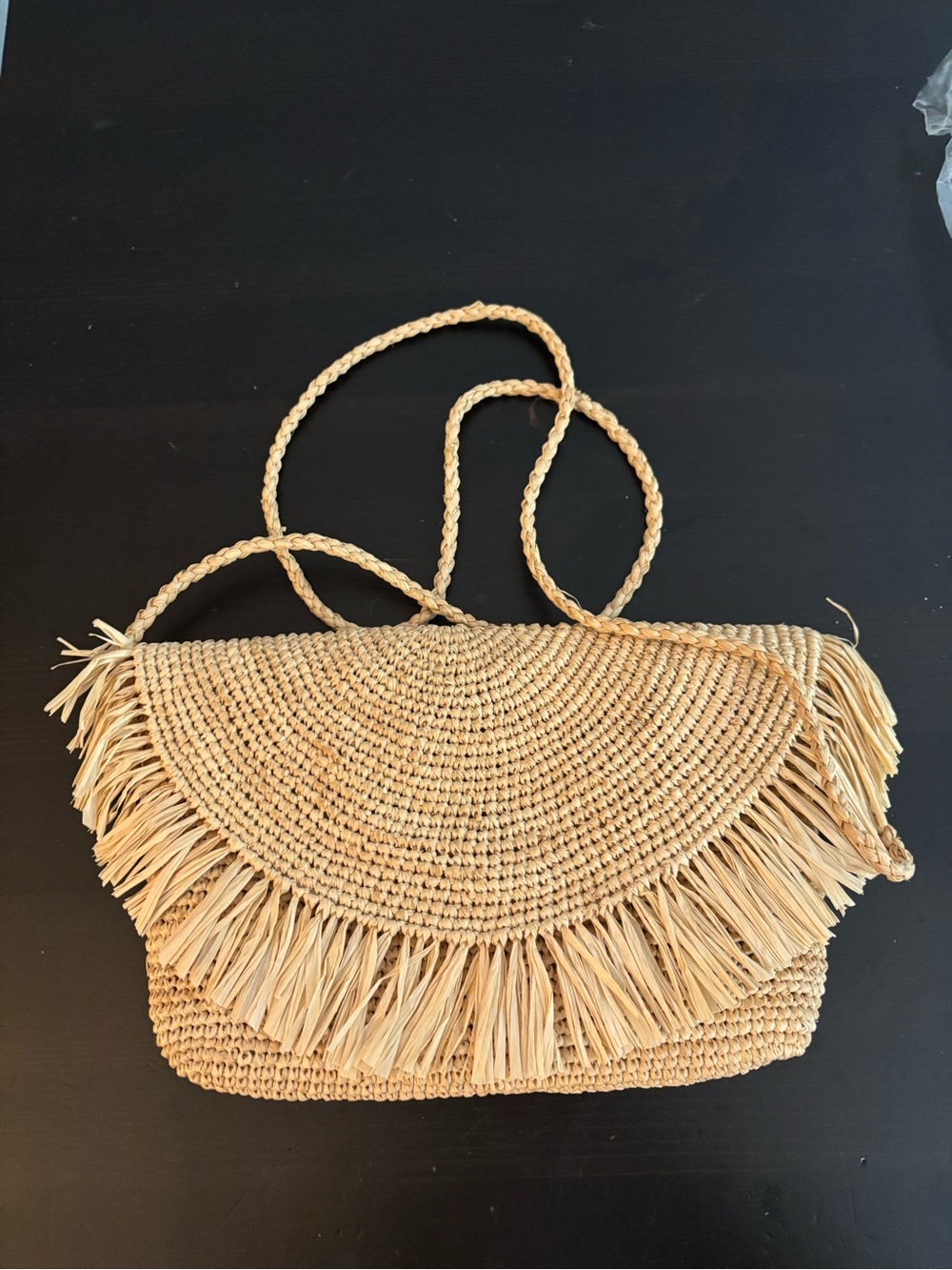 Handwoven Raffia Fringe Shoulder Bag in Natural
